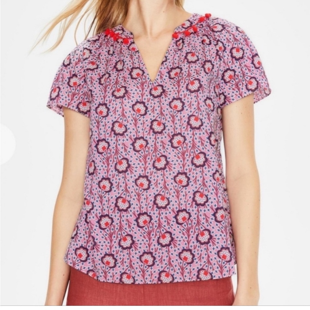 Boden Nessa Pom Pom Pink Red Short Sleeve Lightweight Cotton Tunic Top sz 12
